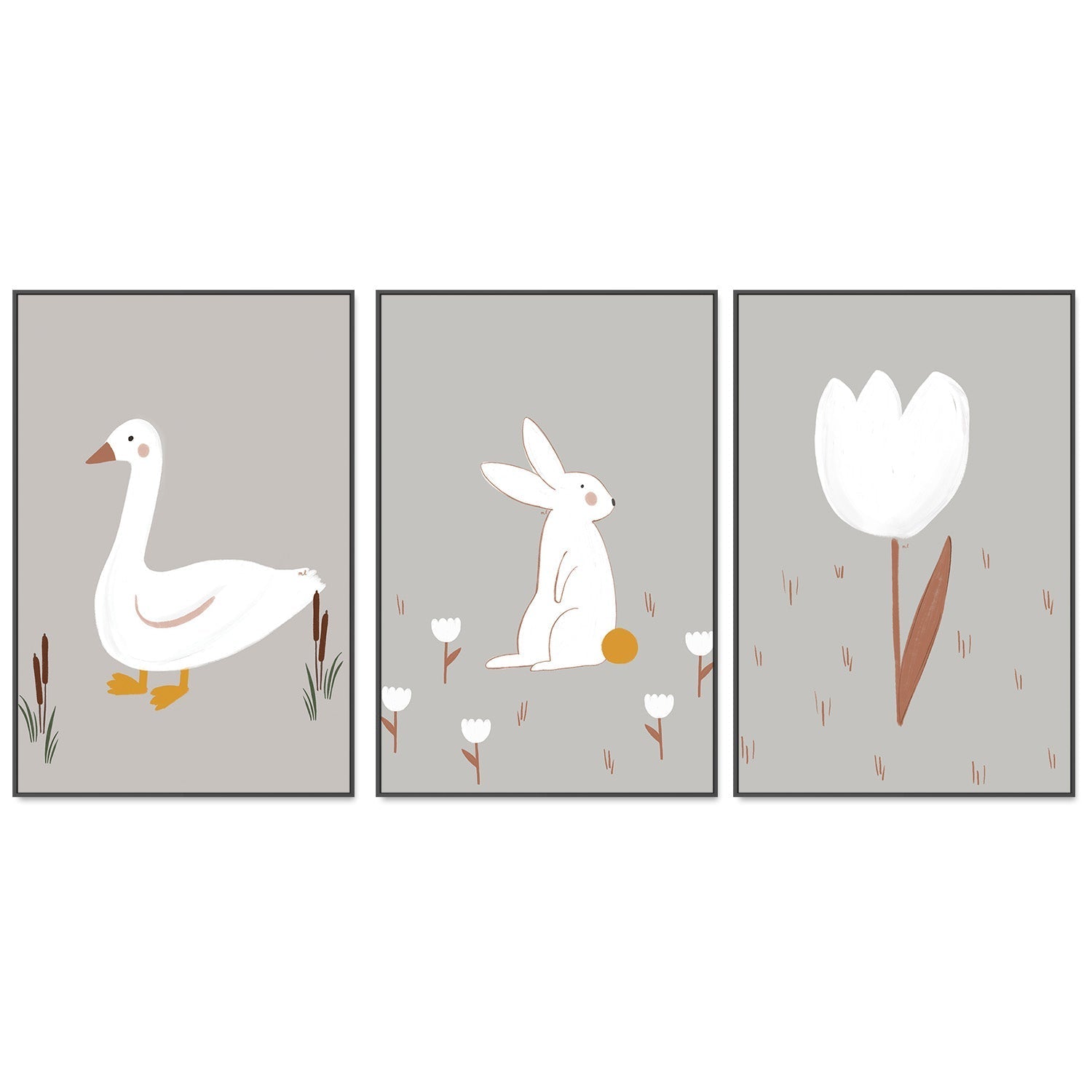 wall-art-print-canvas-poster-framed-Little Goose White Little Bunny and White Tulip, Set Of 3 , By Menina Lisboa-3