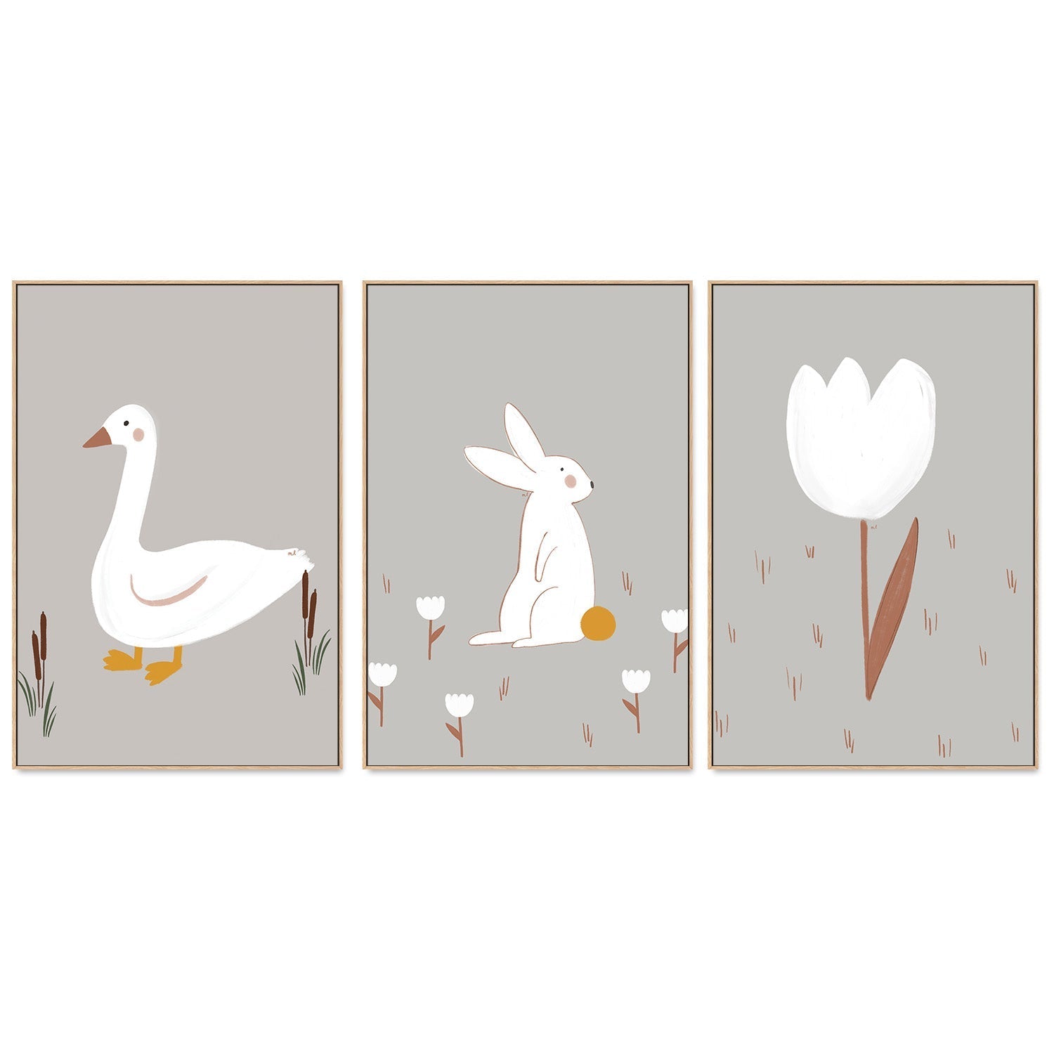 wall-art-print-canvas-poster-framed-Little Goose White Little Bunny and White Tulip, Set Of 3 , By Menina Lisboa-4