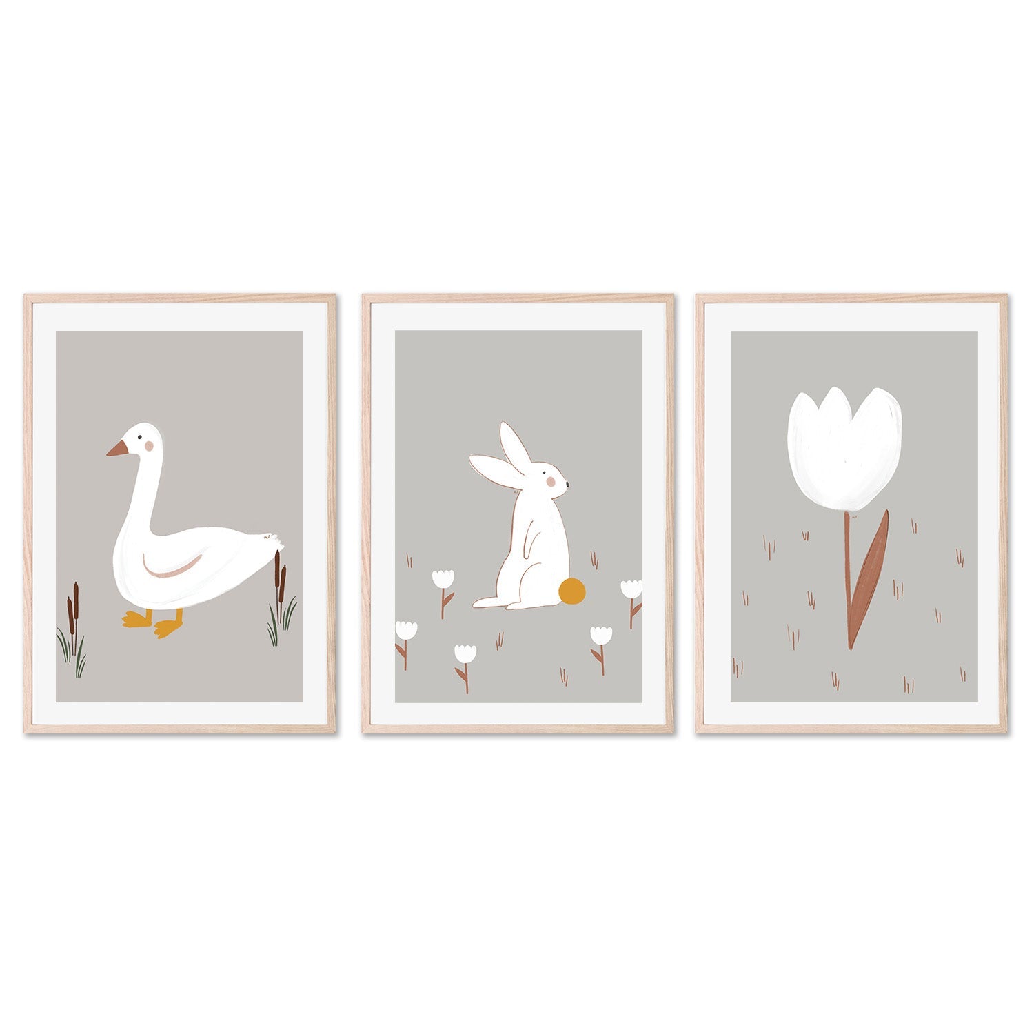 wall-art-print-canvas-poster-framed-Little Goose White Little Bunny and White Tulip, Set Of 3 , By Menina Lisboa-6