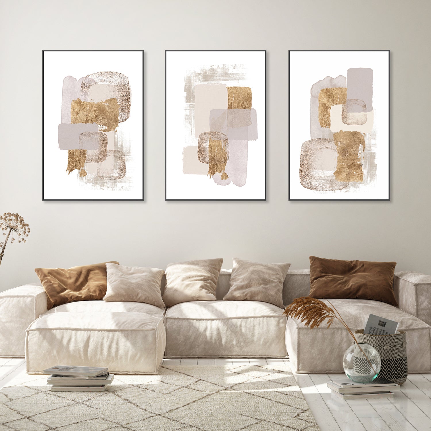 wall-art-print-canvas-poster-framed-Neutral Gold, Style A, B & C, Set Of 3 , By Sally Ann Moss-GIOIA-WALL-ART