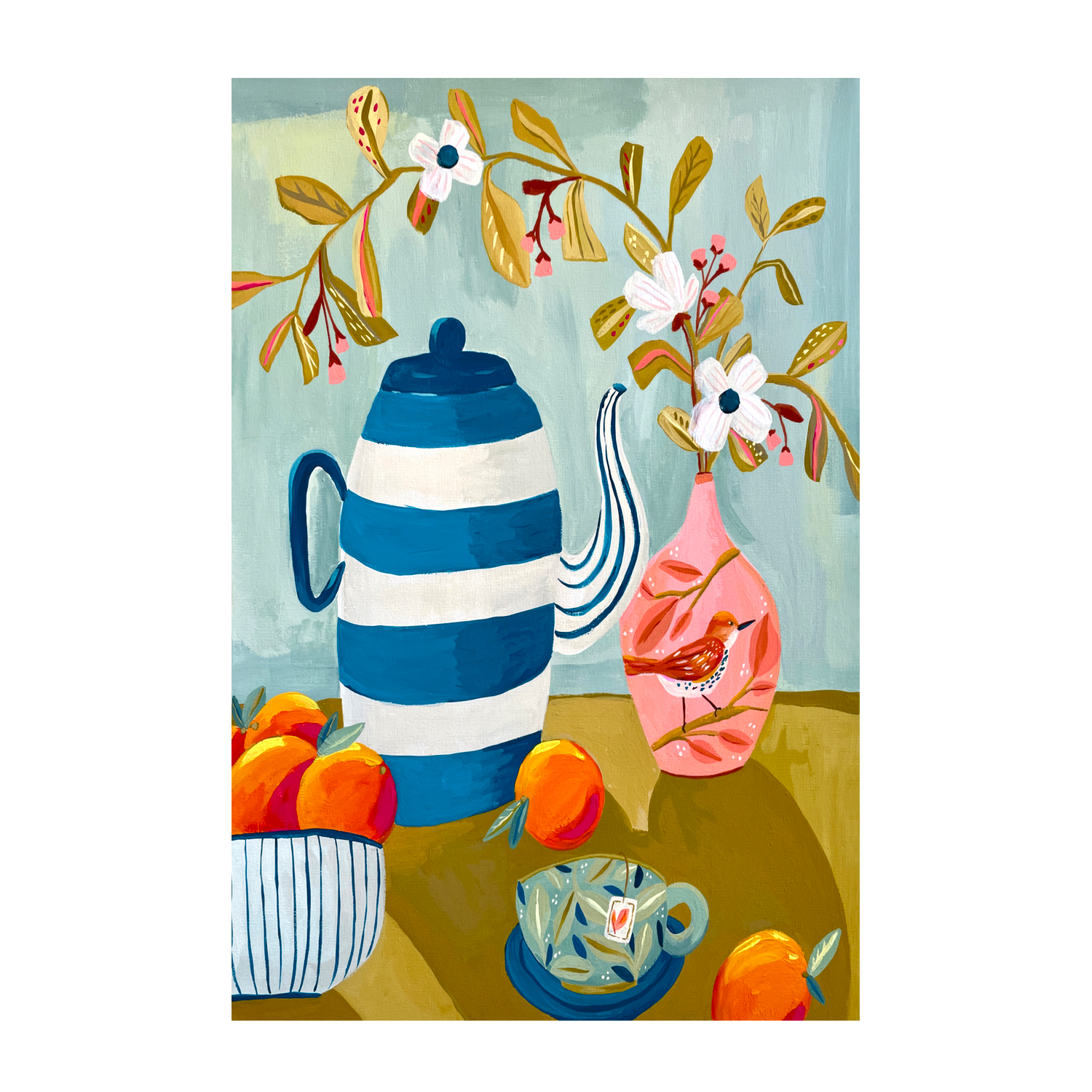 wall-art-print-canvas-poster-framed-Orange Bird Tea Time , By Kelly Angelovic-1