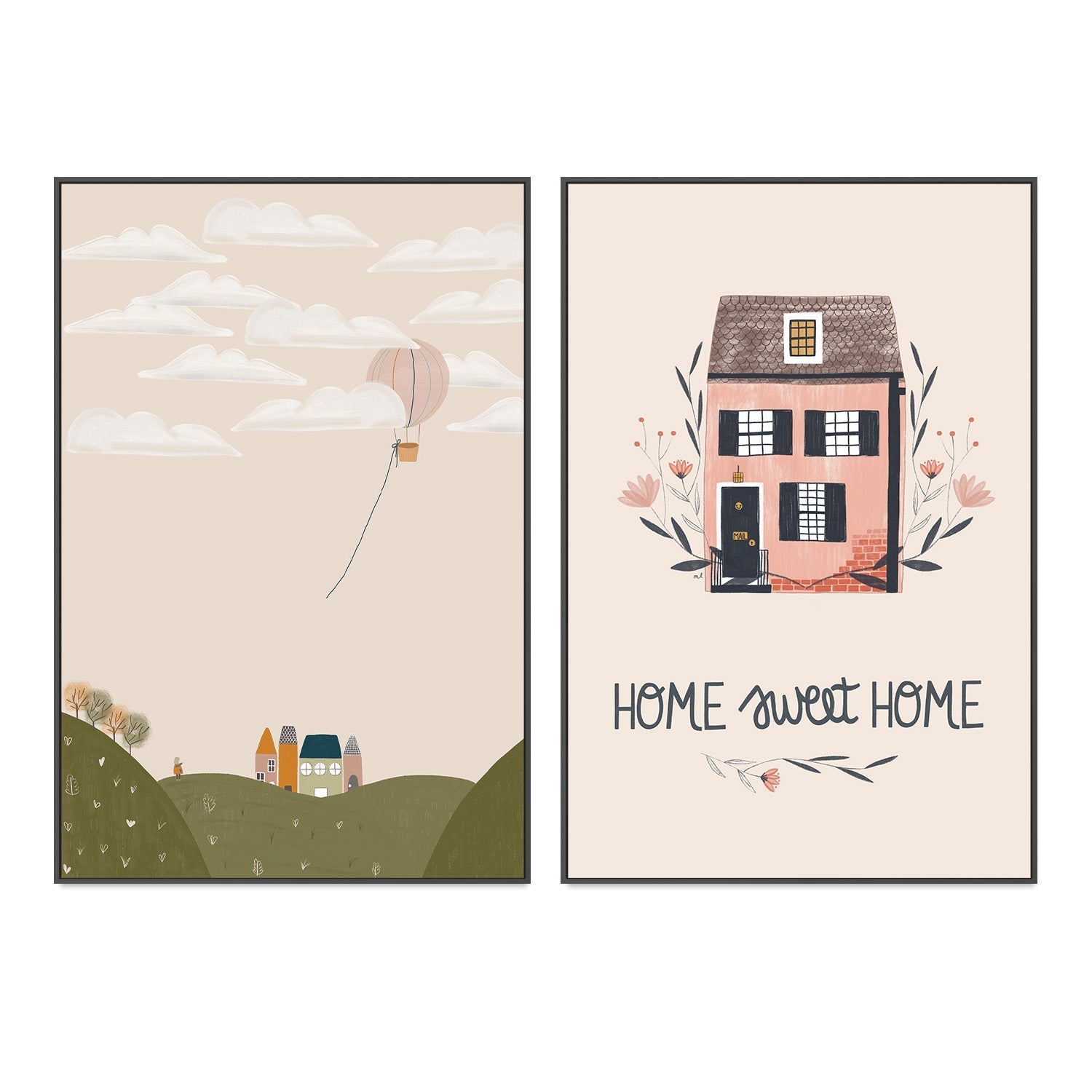 wall-art-print-canvas-poster-framed-Pink Hot Air Balloon and Home Sweet Home, Set Of 2 , By Menina Lisboa-2