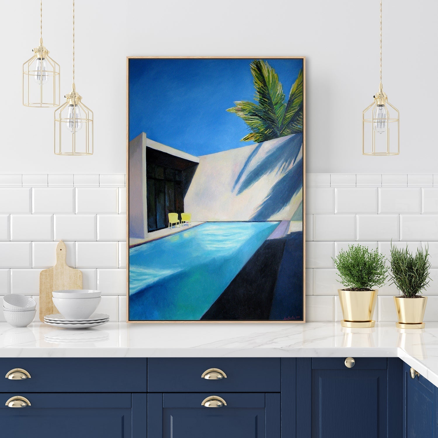 wall-art-print-canvas-poster-framed-Pool and two yellow chairs-by-Ieva Baklane-Gioia Wall Art