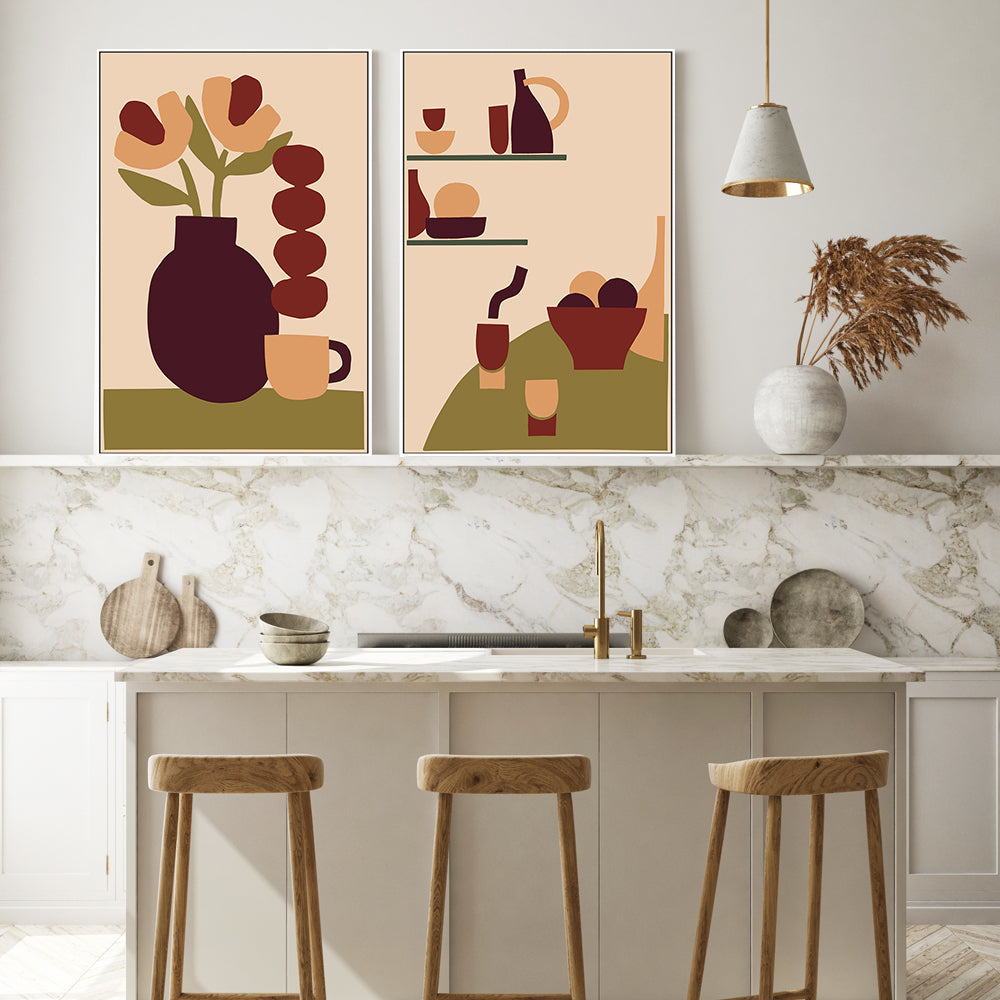 wall-art-print-canvas-poster-framed-Red Minimal Kitchen, Set Of 2-GIOIA-WALL-ART