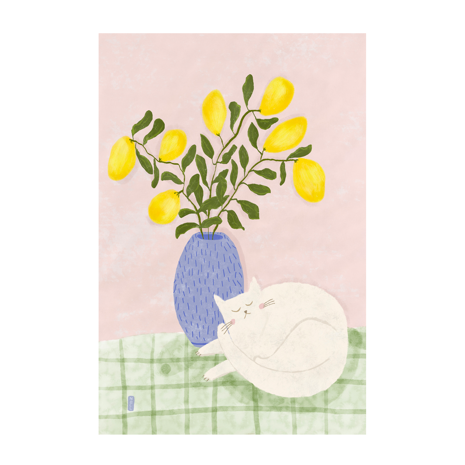 wall-art-print-canvas-poster-framed-Sleeping Cat And A Lemon Vase , By Lia Nell-GIOIA-WALL-ART