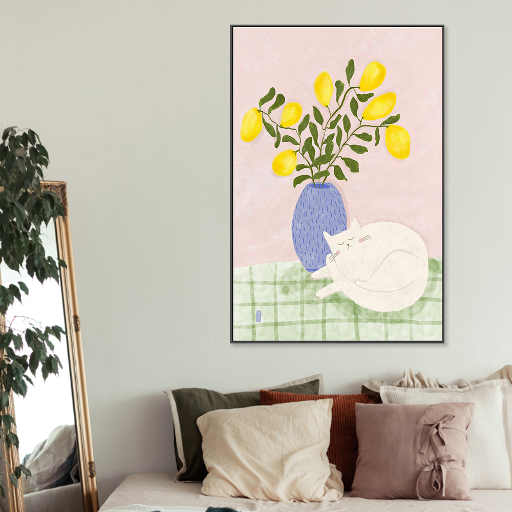 wall-art-print-canvas-poster-framed-Sleeping Cat And A Lemon Vase , By Lia Nell-GIOIA-WALL-ART