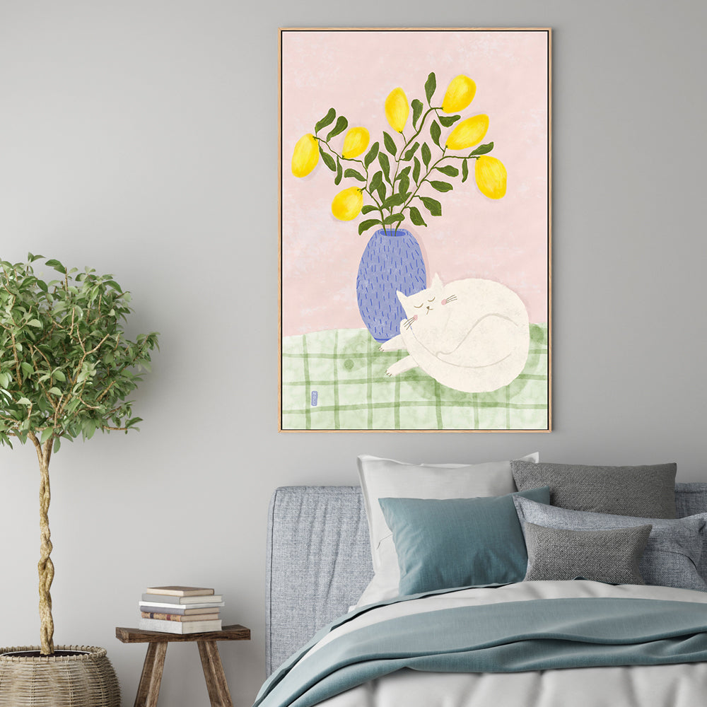 wall-art-print-canvas-poster-framed-Sleeping Cat And A Lemon Vase , By Lia Nell-GIOIA-WALL-ART