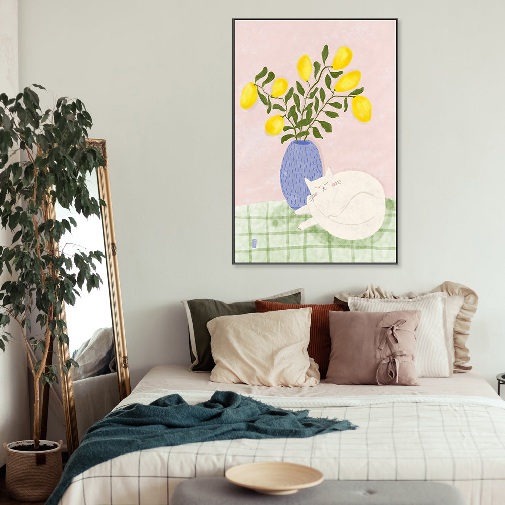 wall-art-print-canvas-poster-framed-Sleeping Cat And A Lemon Vase , By Lia Nell-GIOIA-WALL-ART