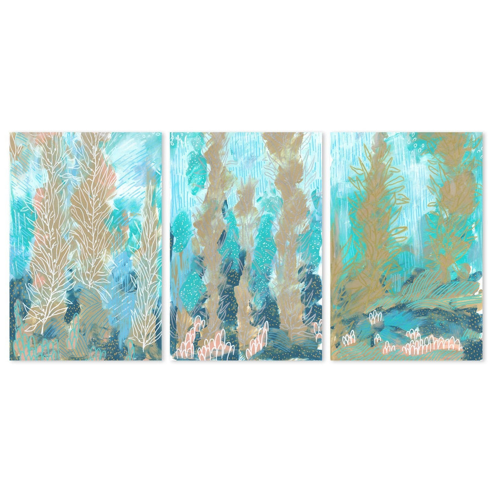 wall-art-print-canvas-poster-framed-Stems On Turquoise Background, Set Of 3-by-Emily Wood-Gioia Wall Art