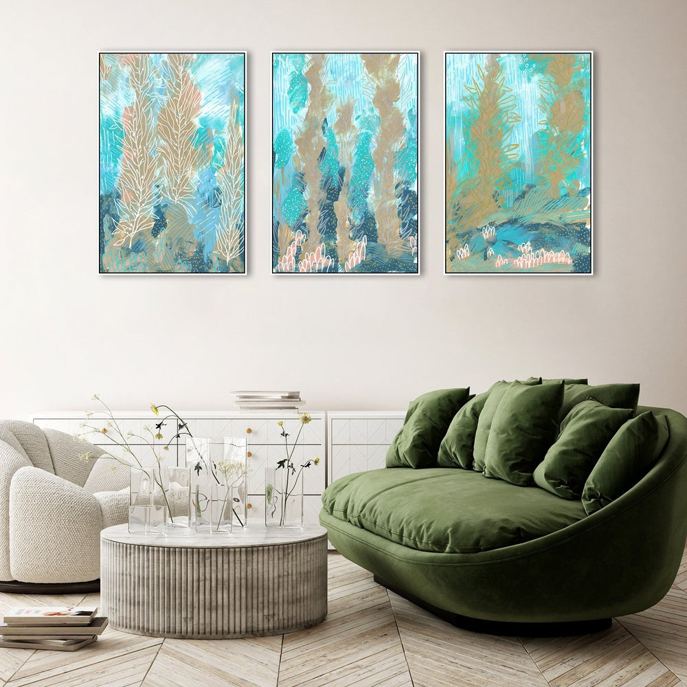 wall-art-print-canvas-poster-framed-Stems On Turquoise Background, Set Of 3-by-Emily Wood-Gioia Wall Art