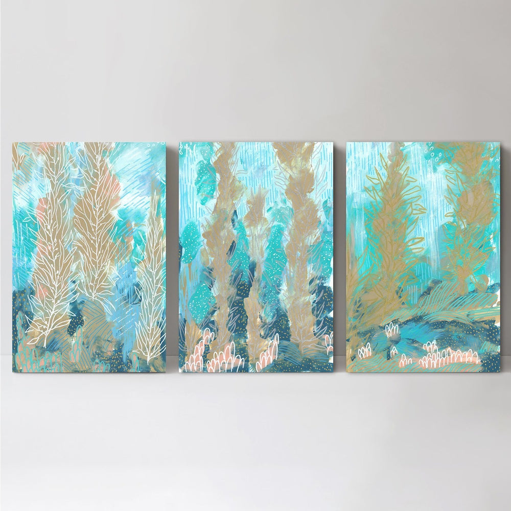 wall-art-print-canvas-poster-framed-Stems On Turquoise Background, Set Of 3-by-Emily Wood-Gioia Wall Art