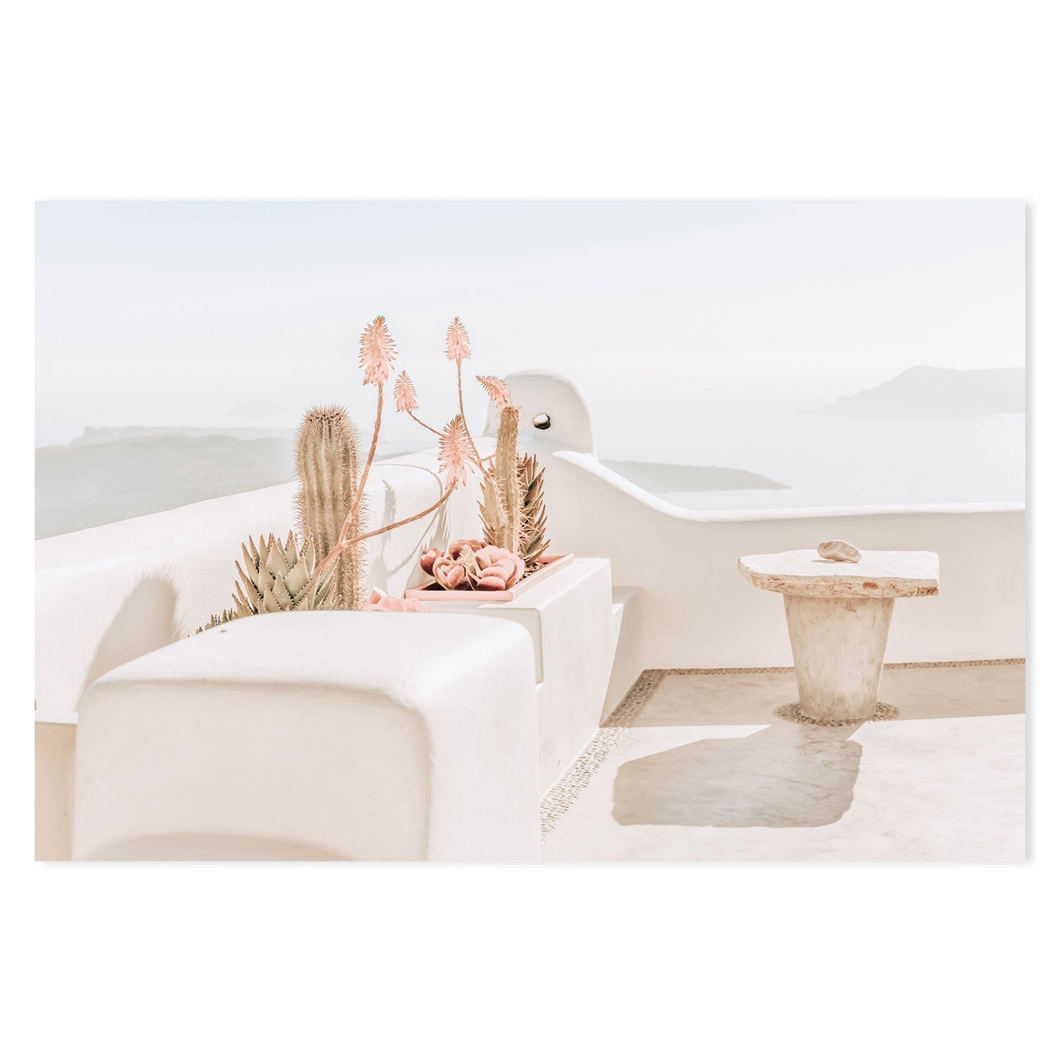 Succulent flowers and ocean view in Santorini-Gioia-Prints-Framed-Canvas-Poster-GIOIA-WALL-ART