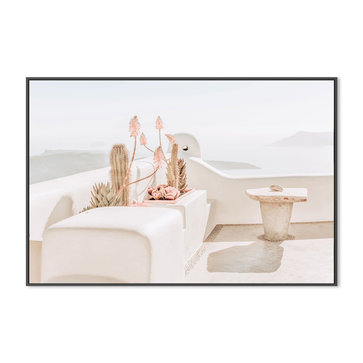 Succulent flowers and ocean view in Santorini-Gioia-Prints-Framed-Canvas-Poster-GIOIA-WALL-ART