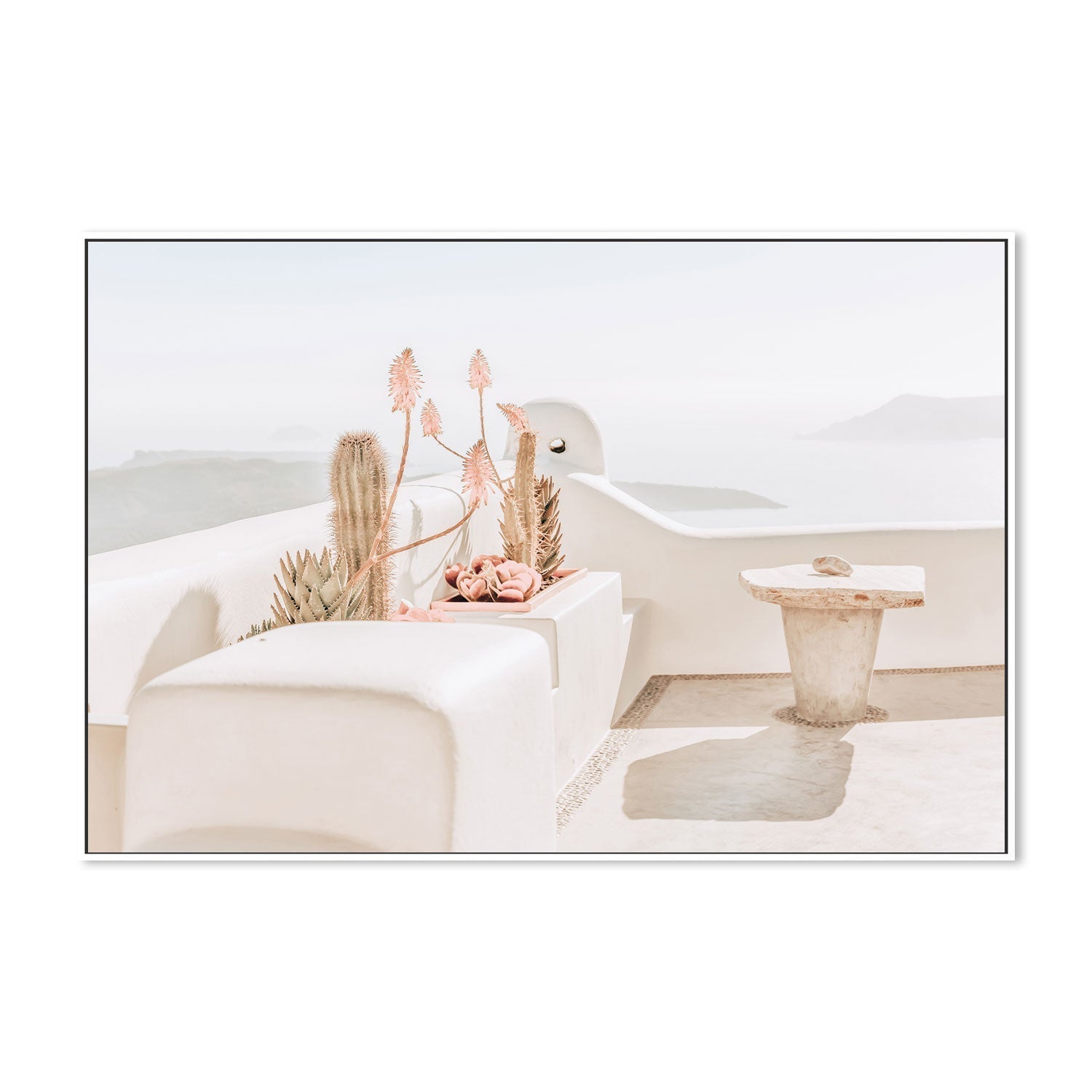 Succulent flowers and ocean view in Santorini-Gioia-Prints-Framed-Canvas-Poster-GIOIA-WALL-ART