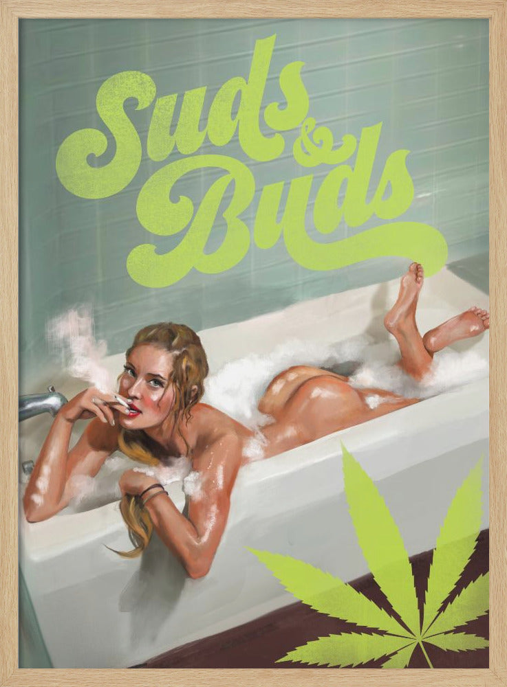 wall-art-print-canvas-poster-framed-Suds Buds Sexy Girl Smoking Cannabis Joint In Bath , By Brett Gramse-1