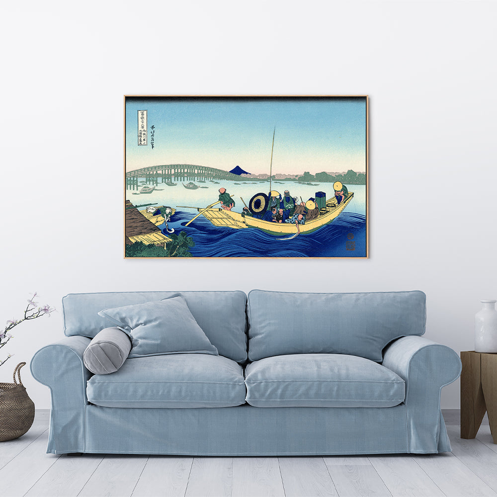 wall-art-print-canvas-poster-framed-Sunset across the Ryogoku bridge from the bank of the Sumida river at Onmagayashi-by-Katsushika Hokusai-Gioia Wall Art