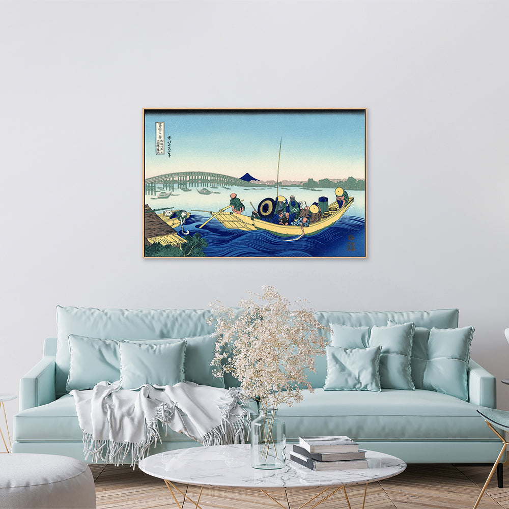 wall-art-print-canvas-poster-framed-Sunset across the Ryogoku bridge from the bank of the Sumida river at Onmagayashi-by-Katsushika Hokusai-Gioia Wall Art