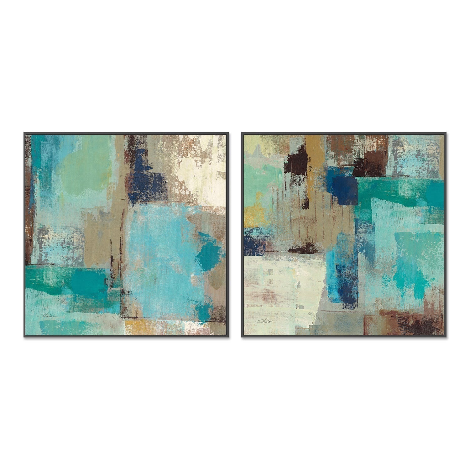 wall-art-print-canvas-poster-framed-Teal and Aqua Reflections, Set Of 2-by-Silvia Vassileva-Gioia Wall Art