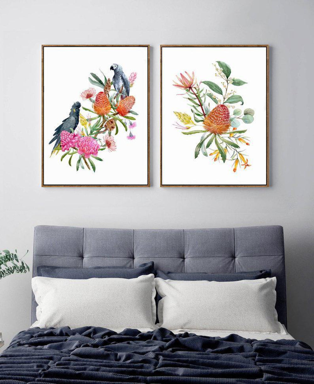 wall-art-print-canvas-poster-framed-Watercolour Bouquet, Banksias,Protea Leaves, Eucalyptus, Parrot And Cockatoo, Set Of 2-by-Gioia Wall Art-Gioia Wall Art