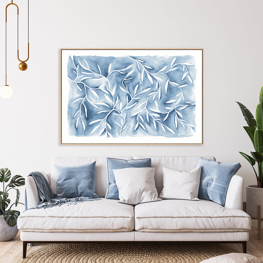 wall-art-print-canvas-poster-framed-Watercolour Leaves Blue-by-Dear Musketeer Studio-Gioia Wall Art