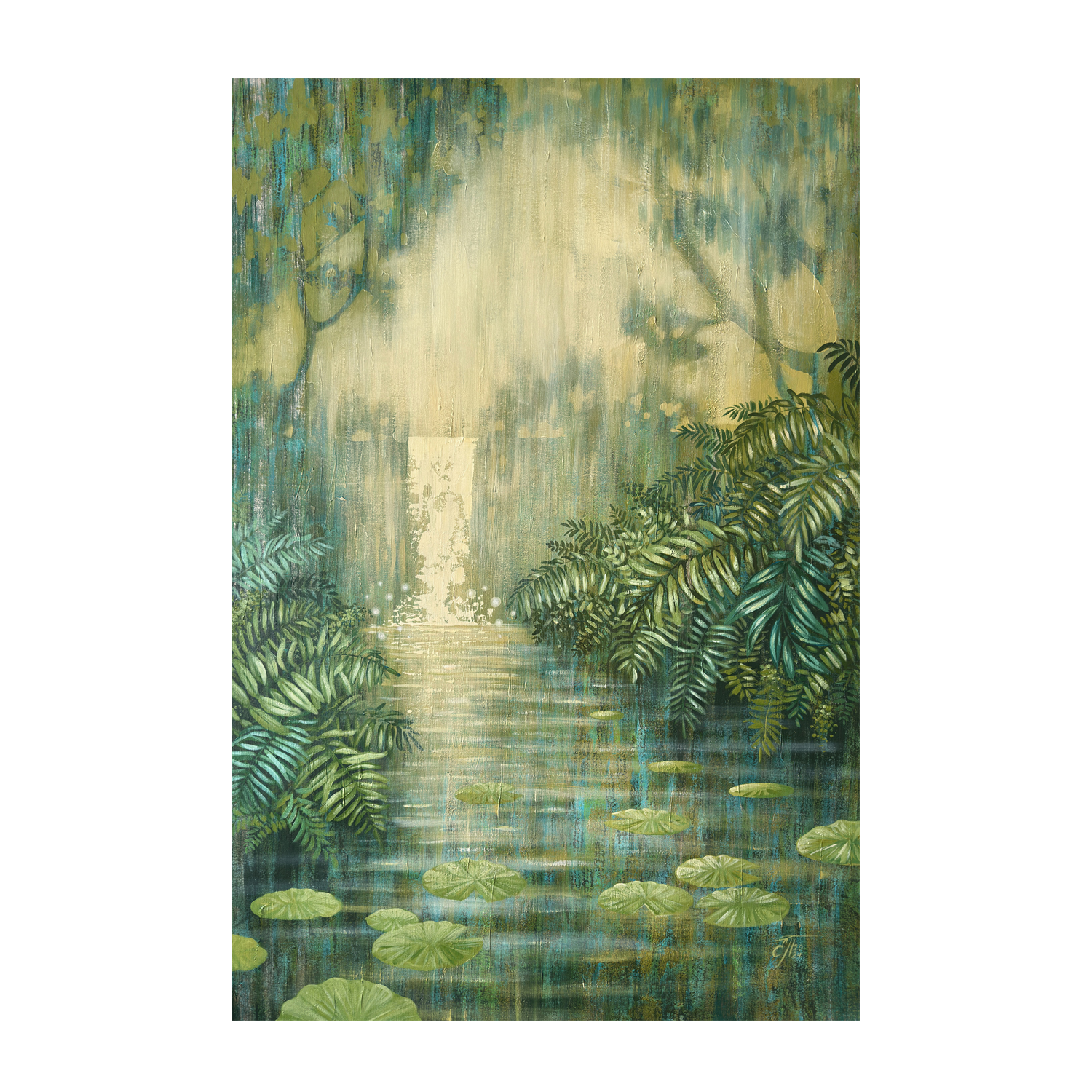 wall-art-print-canvas-poster-framed-Waterfall Among Green Ferns , By Ekaterina Prisich-1