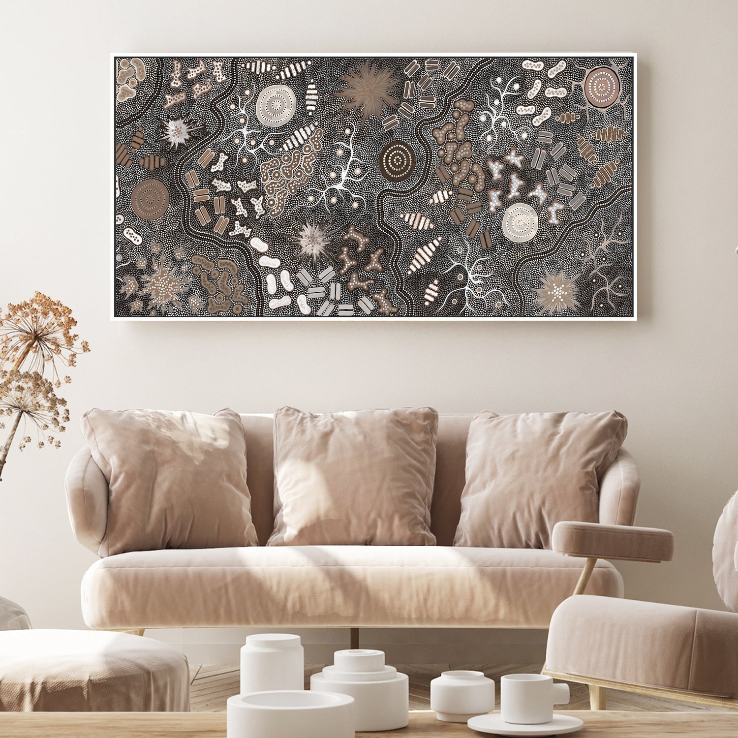 wall-art-print-canvas-poster-framed-Waterhole Bush Tucker Dreaming, Style A, Brown Tones , By Azeza Possum-2