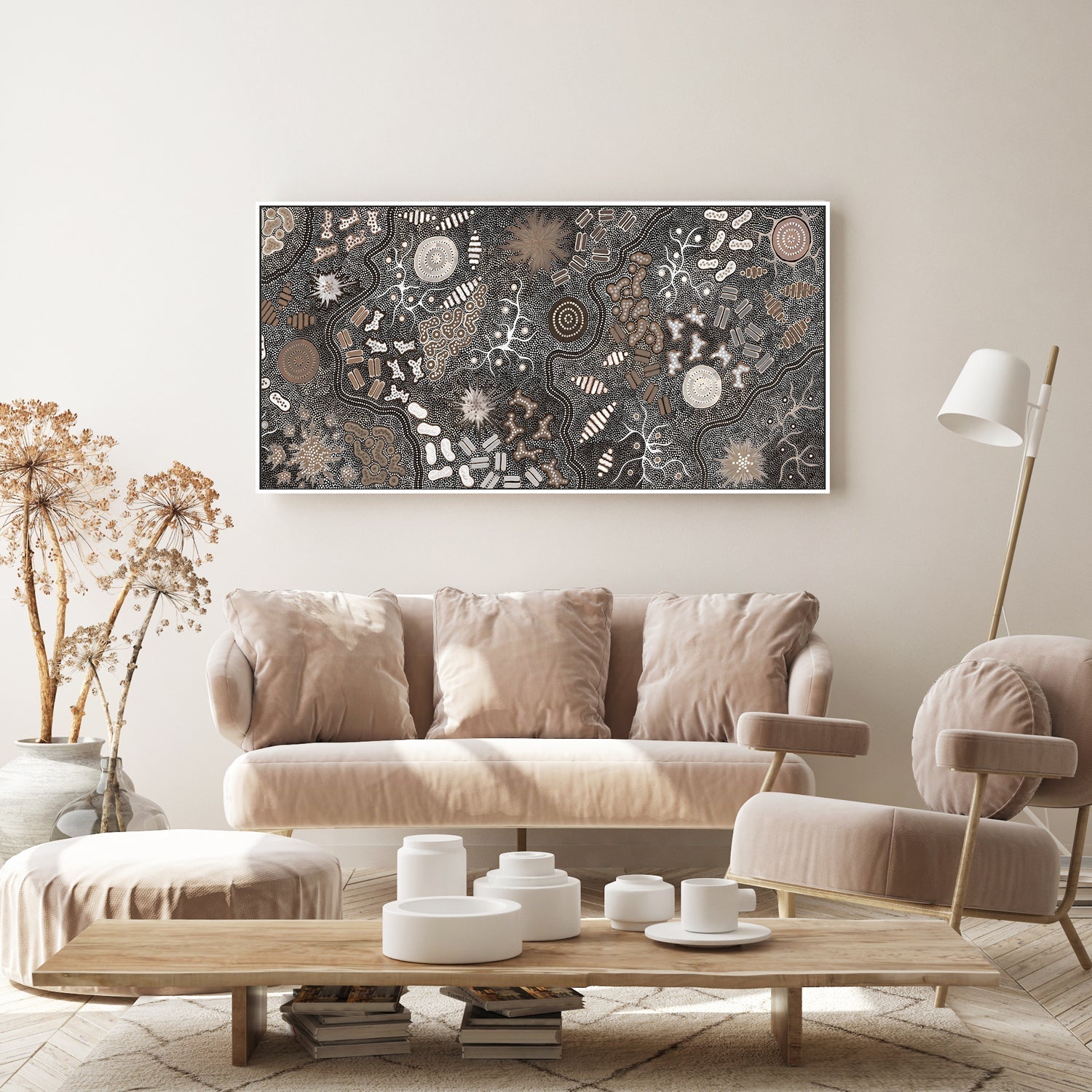 wall-art-print-canvas-poster-framed-Waterhole Bush Tucker Dreaming, Style A, Brown Tones , By Azeza Possum-7