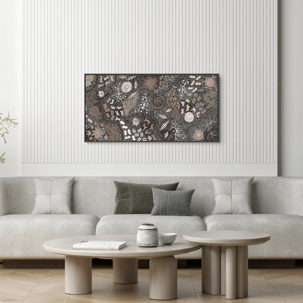 wall-art-print-canvas-poster-framed-Waterhole Bush Tucker Dreaming, Style A, Brown Tones , By Azeza Possum-8