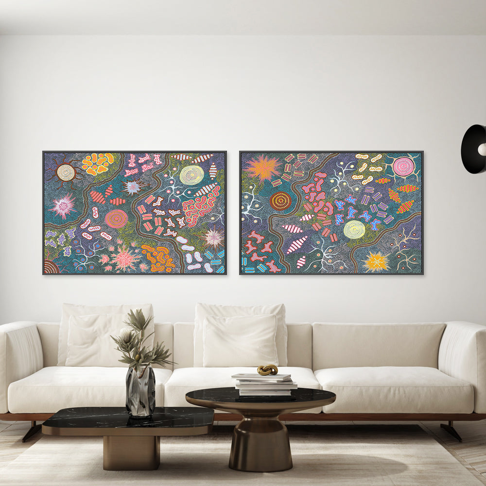 wall-art-print-canvas-poster-framed-Waterhole Bush Tucker Dreaming, Style A & B, Set Of 2 , By Azeza Possum-GIOIA-WALL-ART