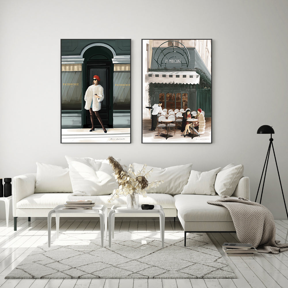 wall-art-print-canvas-poster-framed-Girl in Paris Bistro, Set Of 2 , By Omar Escalante-GIOIA-WALL-ART