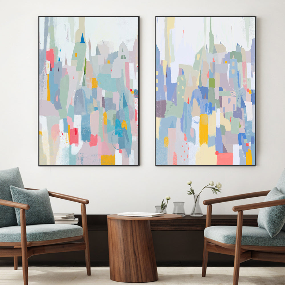 wall-art-print-canvas-poster-framed-Whimsical Cityscape, Style A & B, Set Of 2 , By Nikita Jariwala-GIOIA-WALL-ART