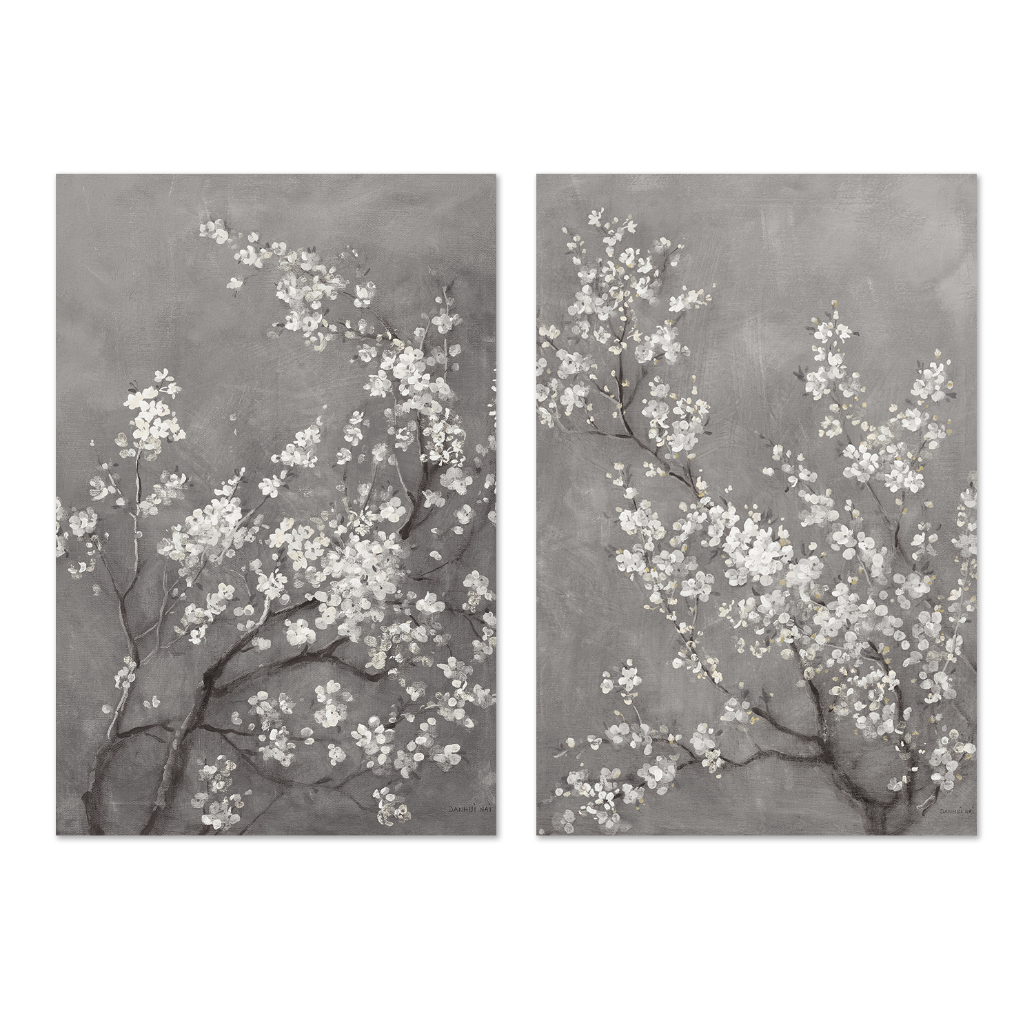 wall-art-print-canvas-poster-framed-White Cherry Blossoms on Grey, Style A & B, Set Of 2 , By Danhui Nai-1