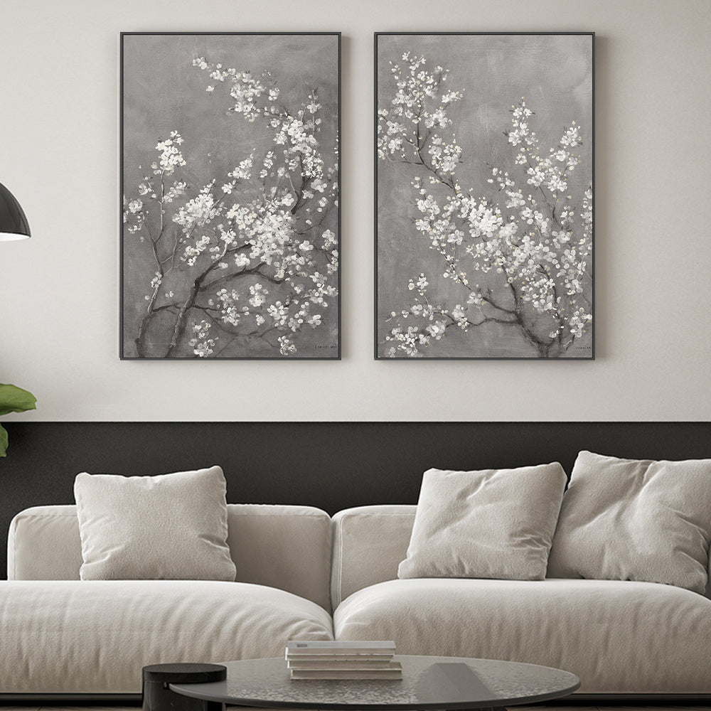 wall-art-print-canvas-poster-framed-White Cherry Blossoms on Grey, Style A & B, Set Of 2 , By Danhui Nai-2