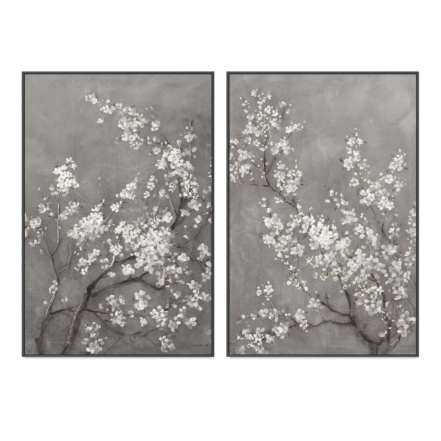 wall-art-print-canvas-poster-framed-White Cherry Blossoms on Grey, Style A & B, Set Of 2 , By Danhui Nai-3