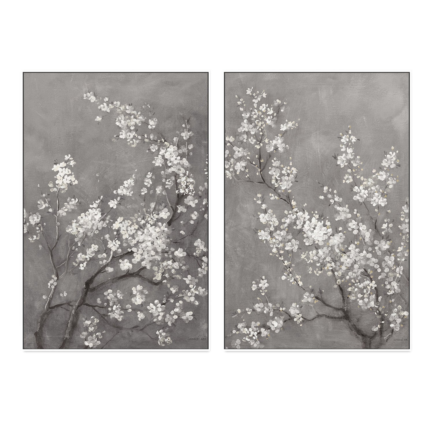 wall-art-print-canvas-poster-framed-White Cherry Blossoms on Grey, Style A & B, Set Of 2 , By Danhui Nai-5