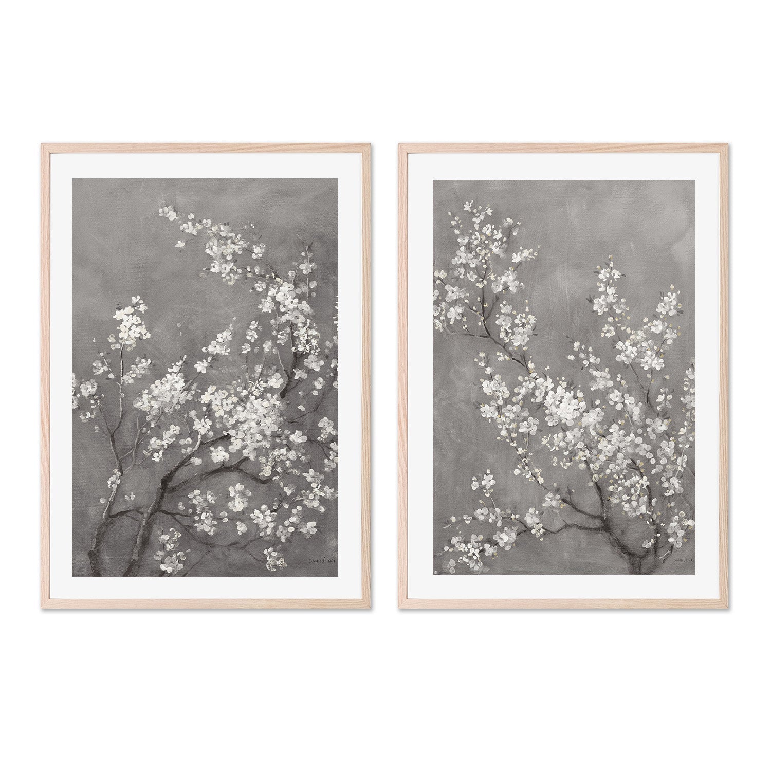 wall-art-print-canvas-poster-framed-White Cherry Blossoms on Grey, Style A & B, Set Of 2 , By Danhui Nai-6