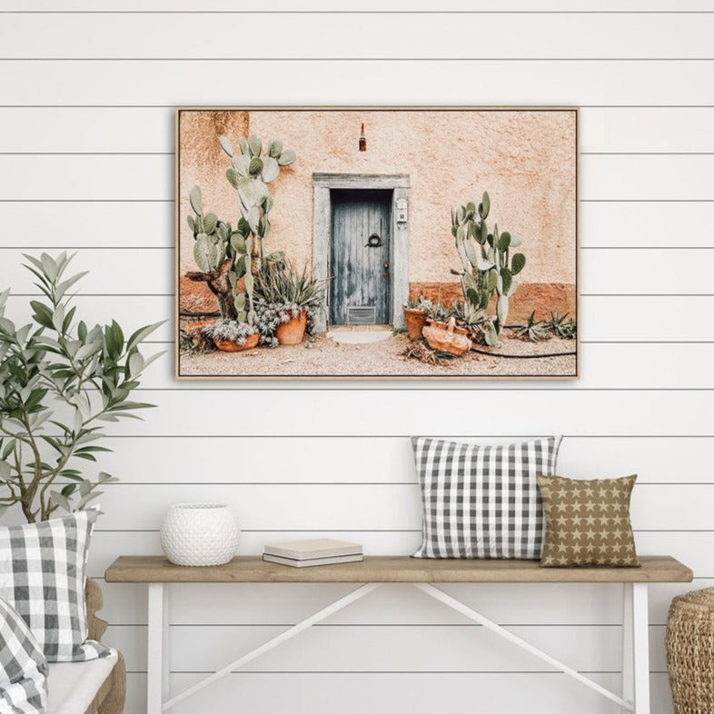 wall-art-print-canvas-poster-framed-Wooden Front Door With Cactus-by-Gioia Wall Art-Gioia Wall Art