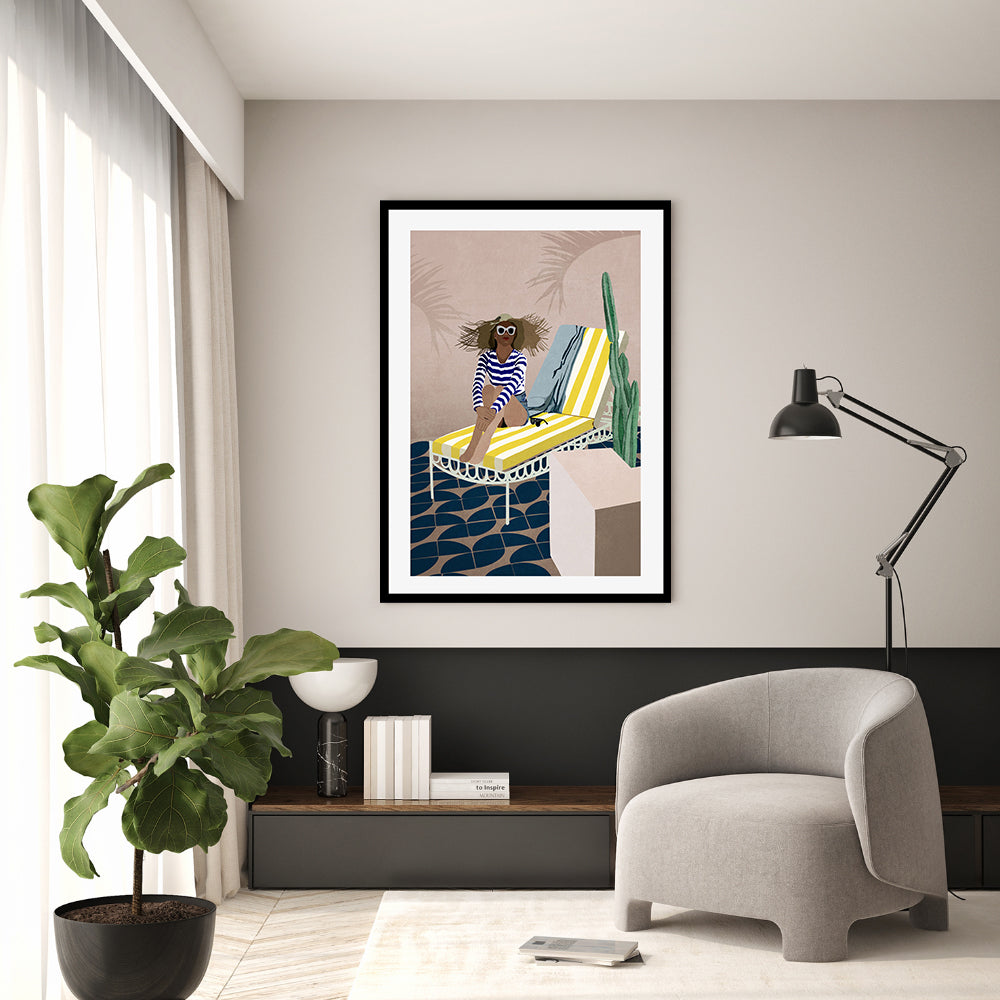 wall-art-print-canvas-poster-framed-Yellow Striped Sun Chair , By Emel Tunaboylu-GIOIA-WALL-ART